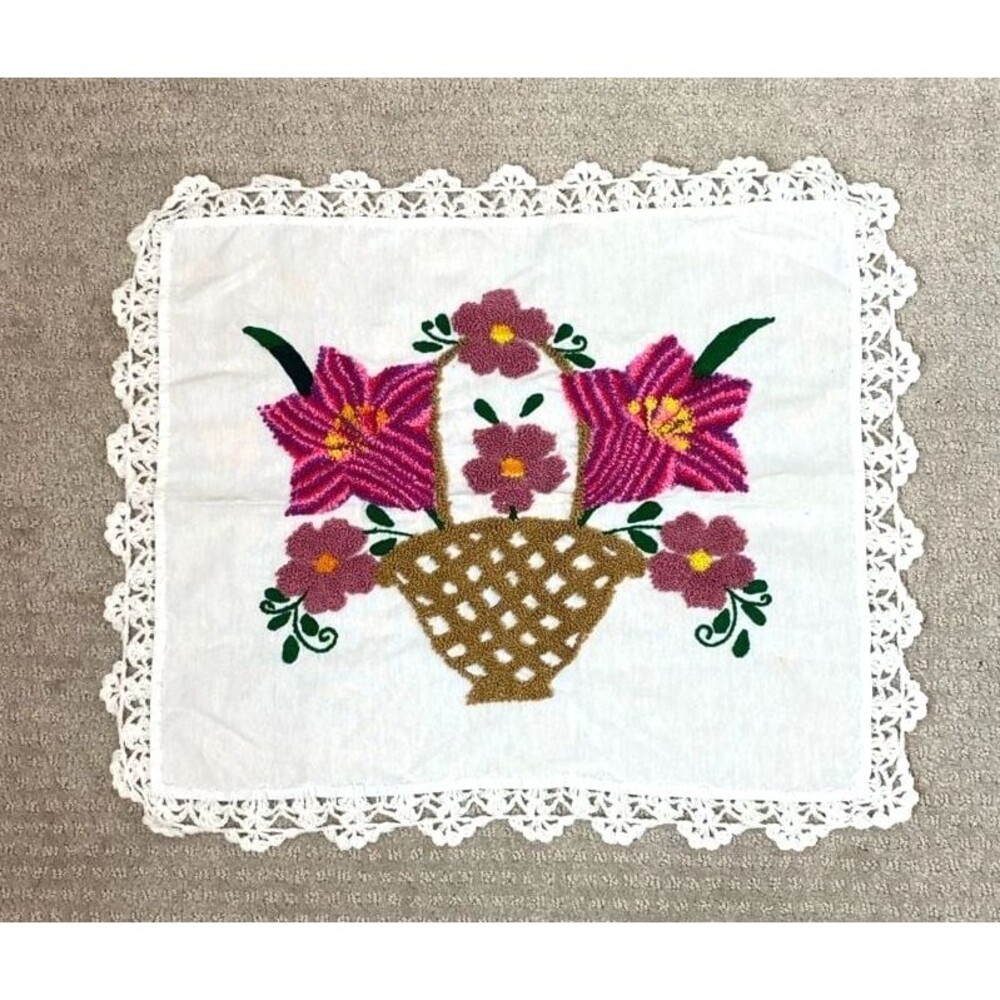 Vintage Handmade Punch Needle Embroidery Floral Basket Table Topper 20x17"